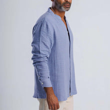 Load image into Gallery viewer, Collarless linen-blend summer shirt for men, featuring a relaxed fit and lightweight feel, perfect for versatile styling.
