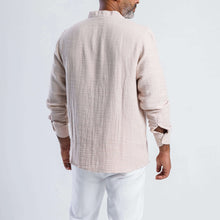 Load image into Gallery viewer, Back view of a collarless linen-blend summer shirt in light beige, perfect for casual layered styles.
