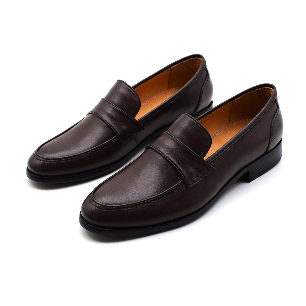 A pair of dark brown leather penny loafers with a smooth finish, displayed on a clean white background.