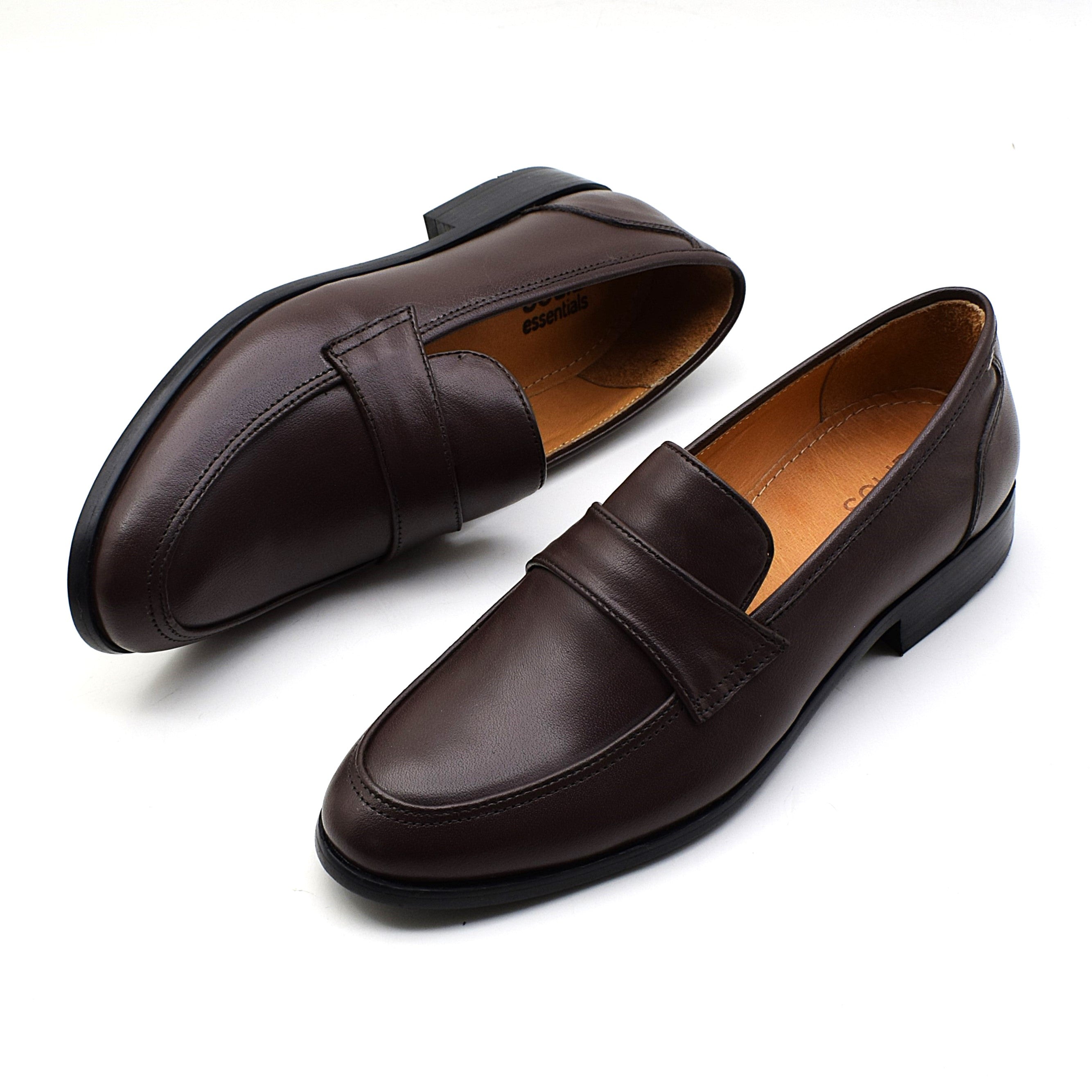 A pair of dark brown leather penny loafers with black soles, displayed on a clean white background.