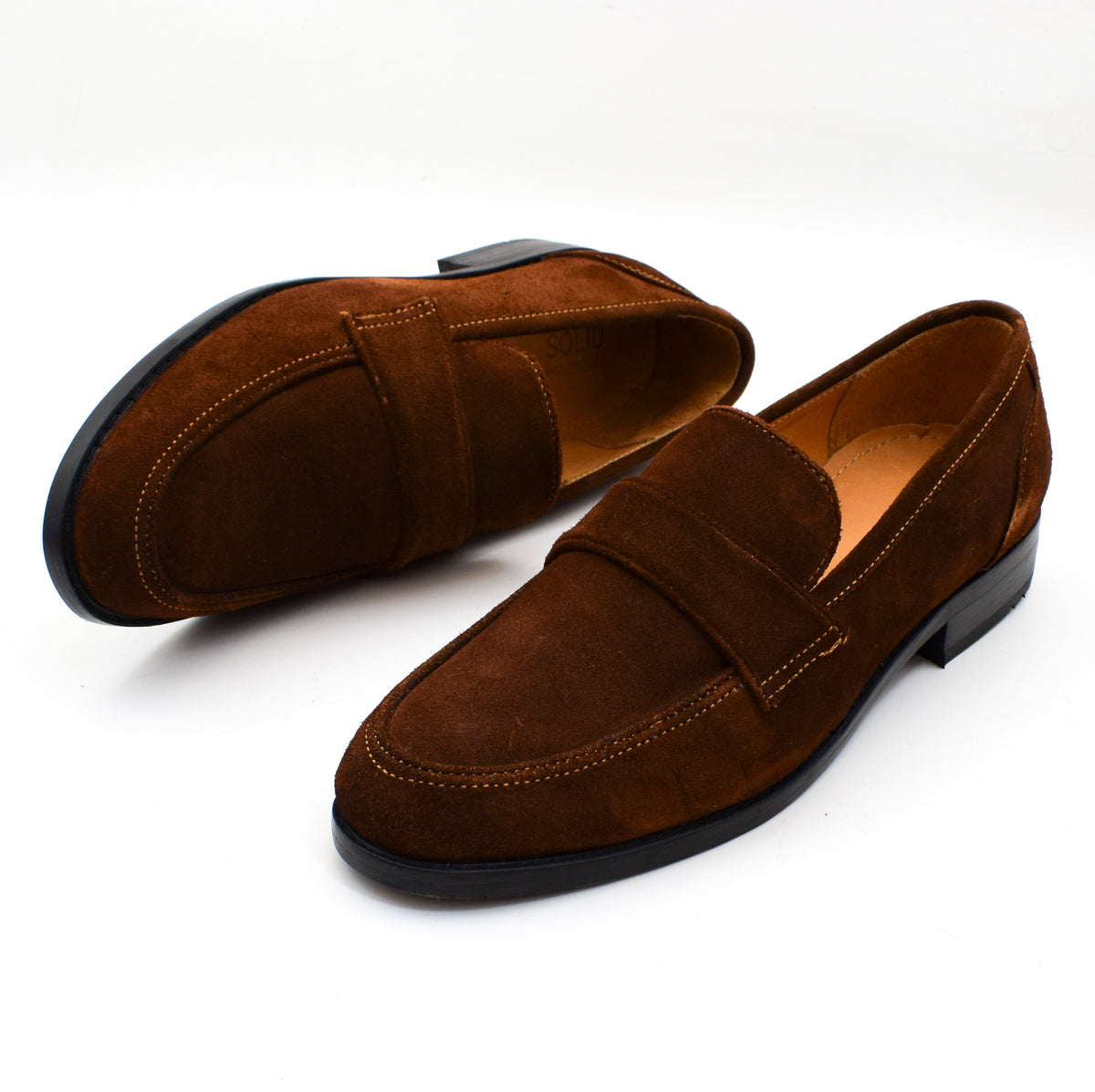 Men's tobacco dark brown cow suede penny loafers with saddle strap