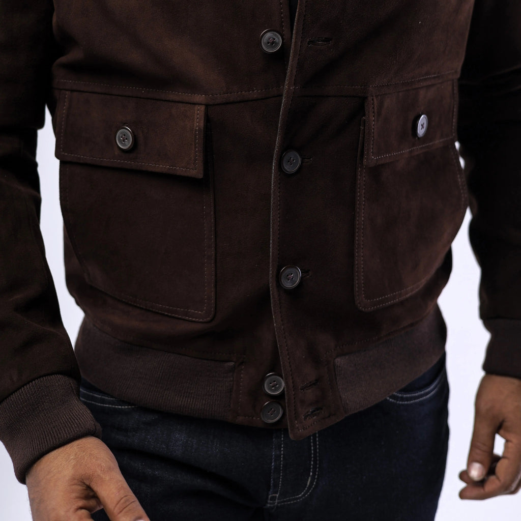 Pilot men's dark brown goat suede flight jacket with double flap pockets