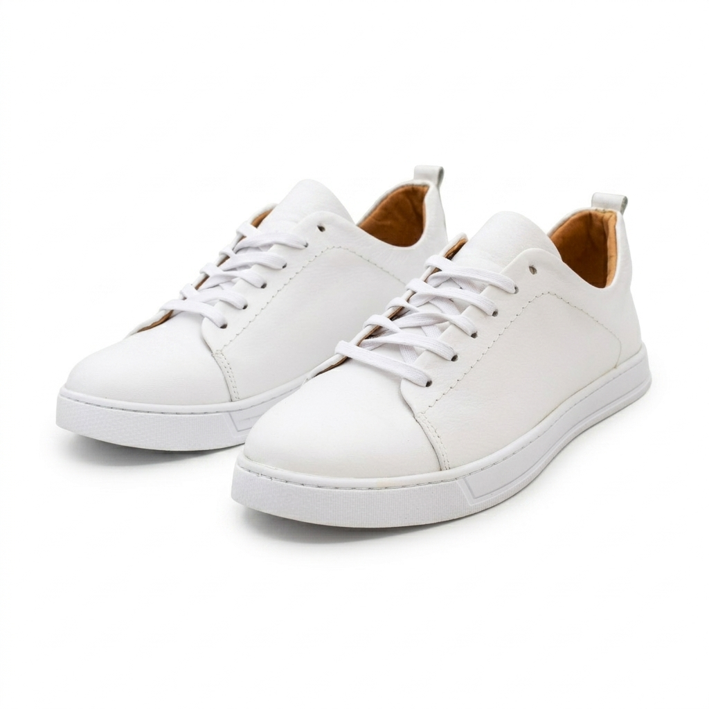Pair of white leather sneakers on a white background