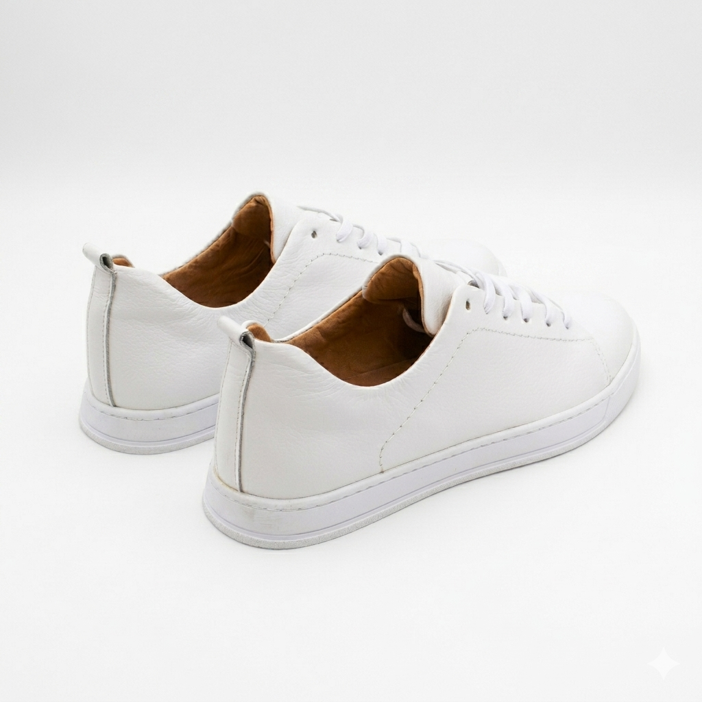 White sneakers with brown lining on a white background