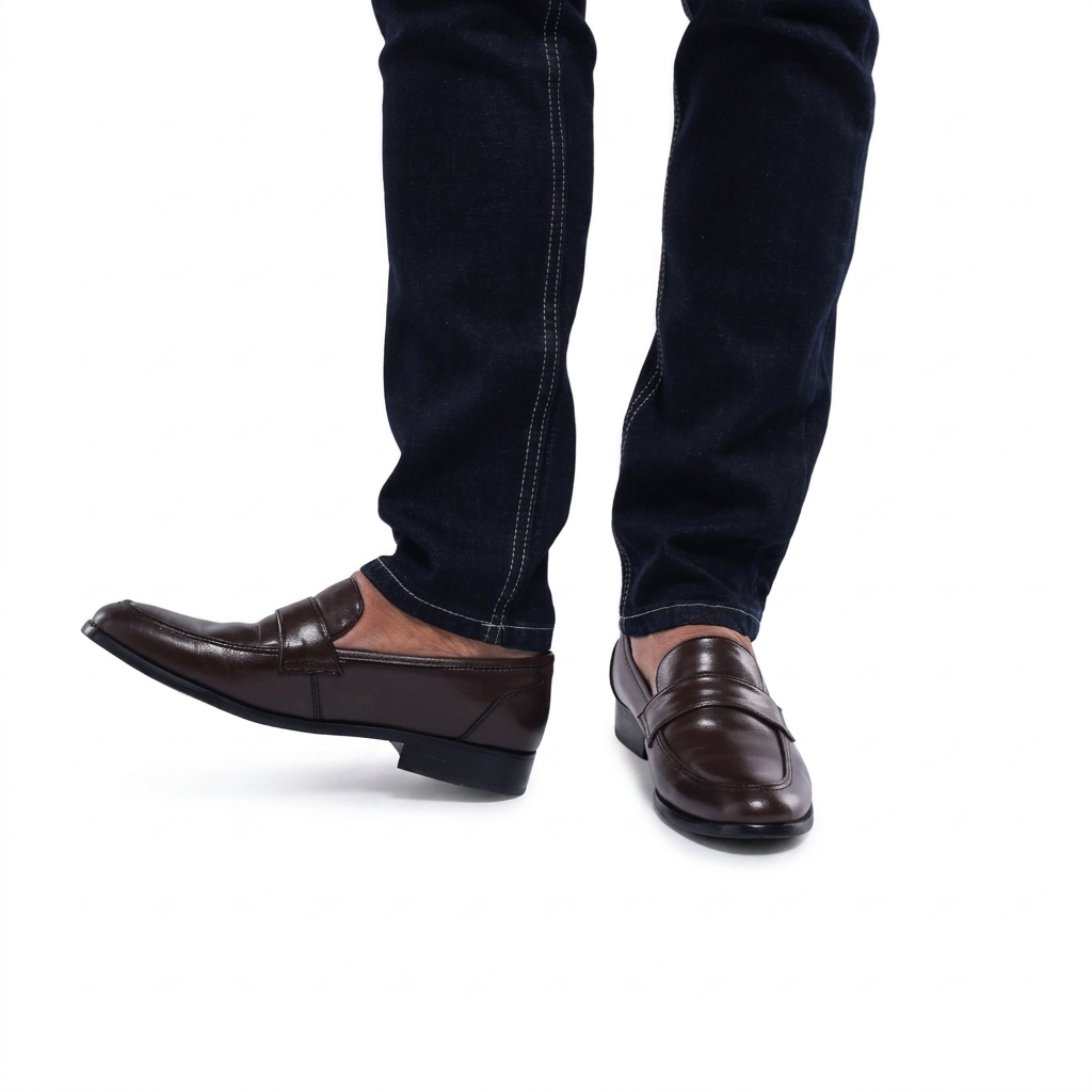Brown leather shoes worn with dark jeans on a white background