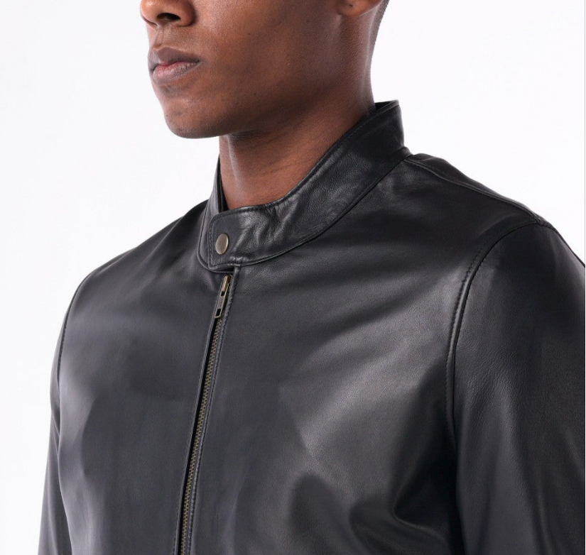 Mens lambskin leather jacket with mandarin collar, featuring a sleek design and premium quality craftsmanship.