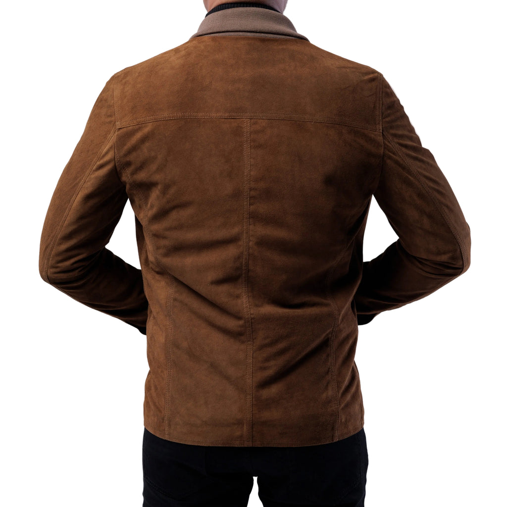 A man wearing a brown goat suede shawl collar cardigan with buttoned closure and two side pockets.