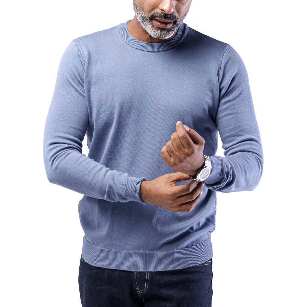 Cotton Knitted Double-Layer Crew Neck Sweater