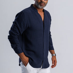 Collarless Linen Blend Summer Shirt