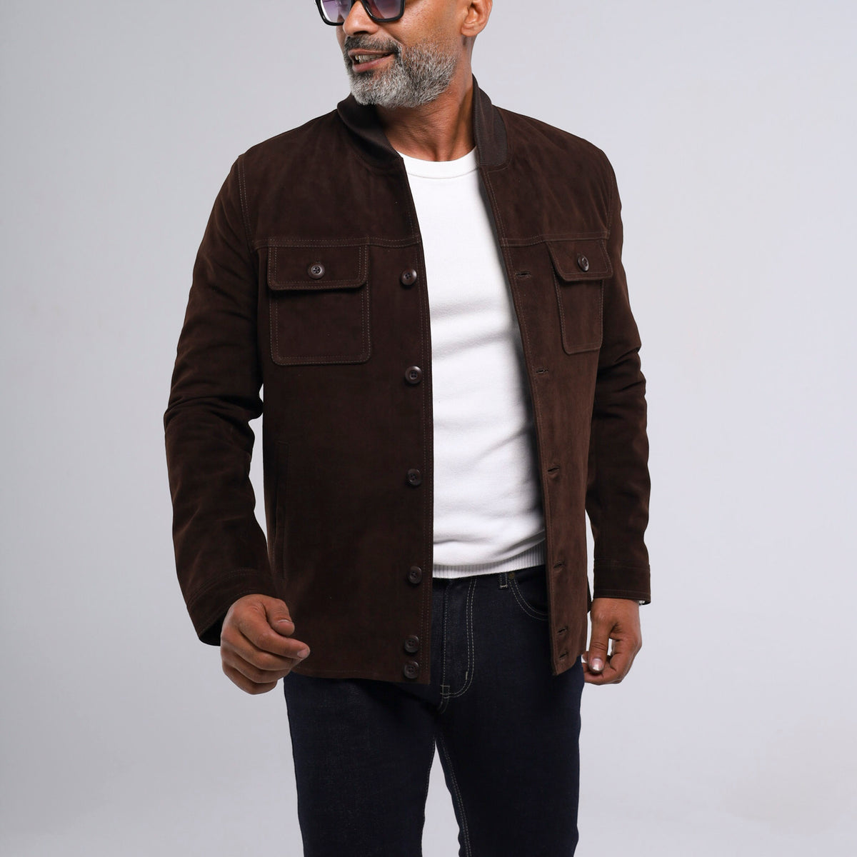 Marrakesh men's dark brown goat suede button front jacket with standing collar