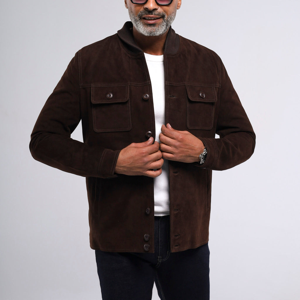Marrakesh men's dark brown goat suede button front jacket with standing collar