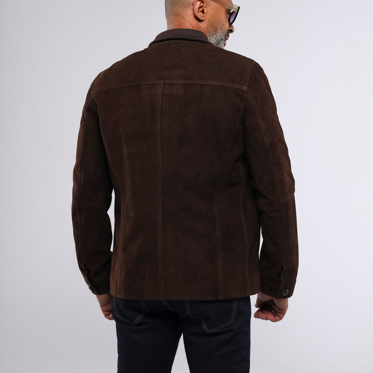 Marrakesh men's dark brown goat suede button front jacket with standing collar