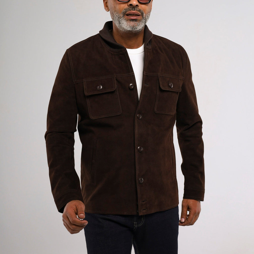 Marrakesh men's dark brown goat suede button front jacket with standing collar