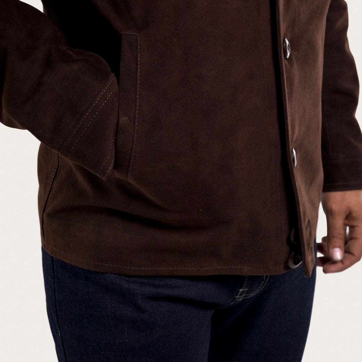 Marrakesh men's brown goat suede jacket with cardigan collar and chest pockets