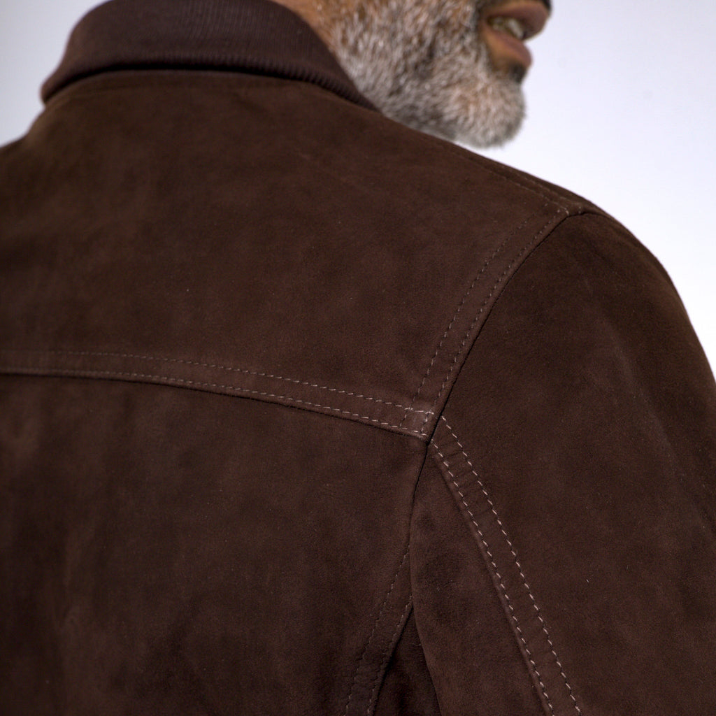Marrakesh men's brown goat suede jacket with cardigan collar and chest pockets