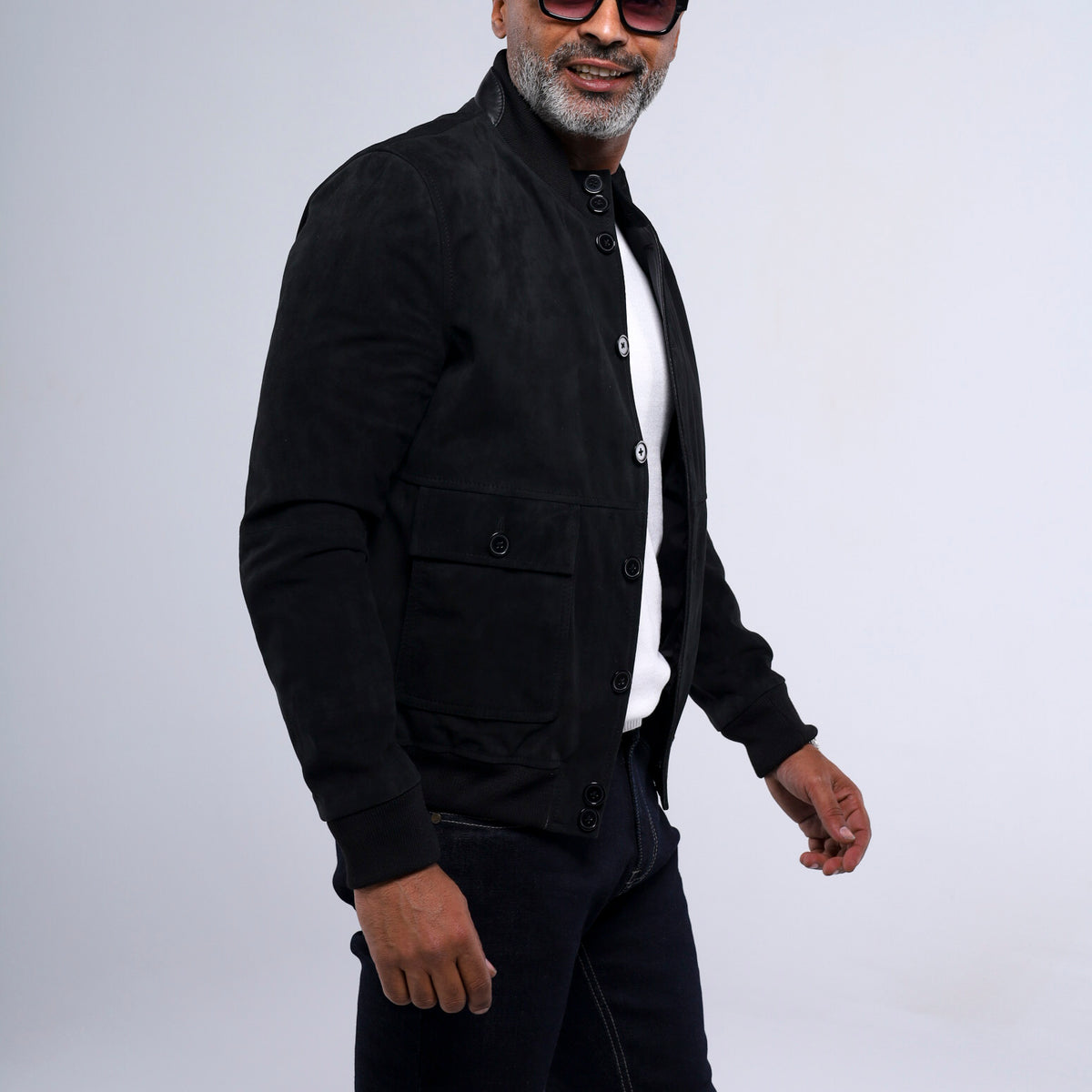 Pilot men's royal black goat suede jacket with ribbed knit cuffs and hem