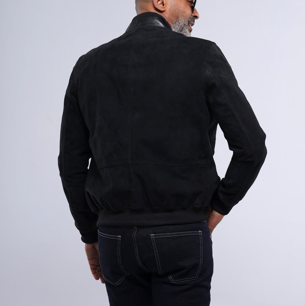 Pilot men's royal black goat suede jacket with ribbed knit cuffs and hem
