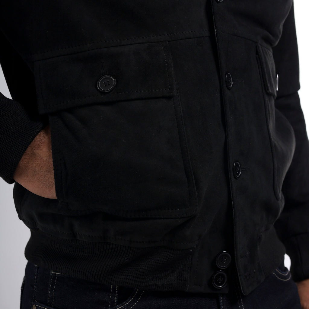 Pilot men's royal black goat suede jacket with ribbed knit cuffs and hem