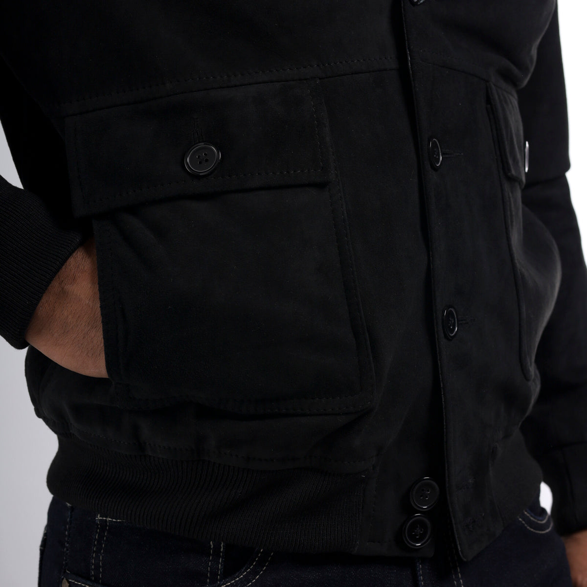 Pilot men's royal black goat suede jacket with ribbed knit cuffs and hem