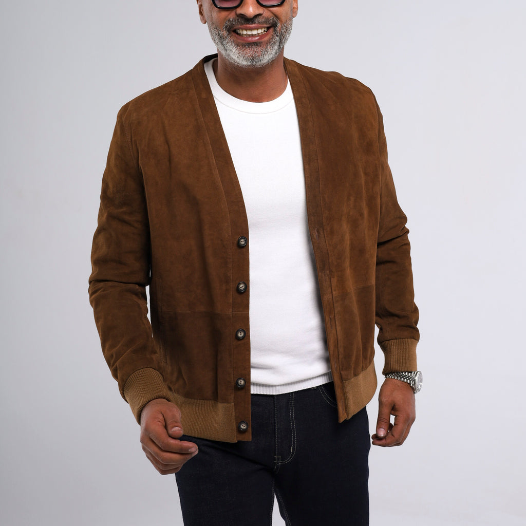 Men's cognac goat suede cardigan jacket with ribbed knit cuffs and hem
