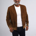 Men's cognac goat suede cardigan jacket with ribbed knit cuffs and hem