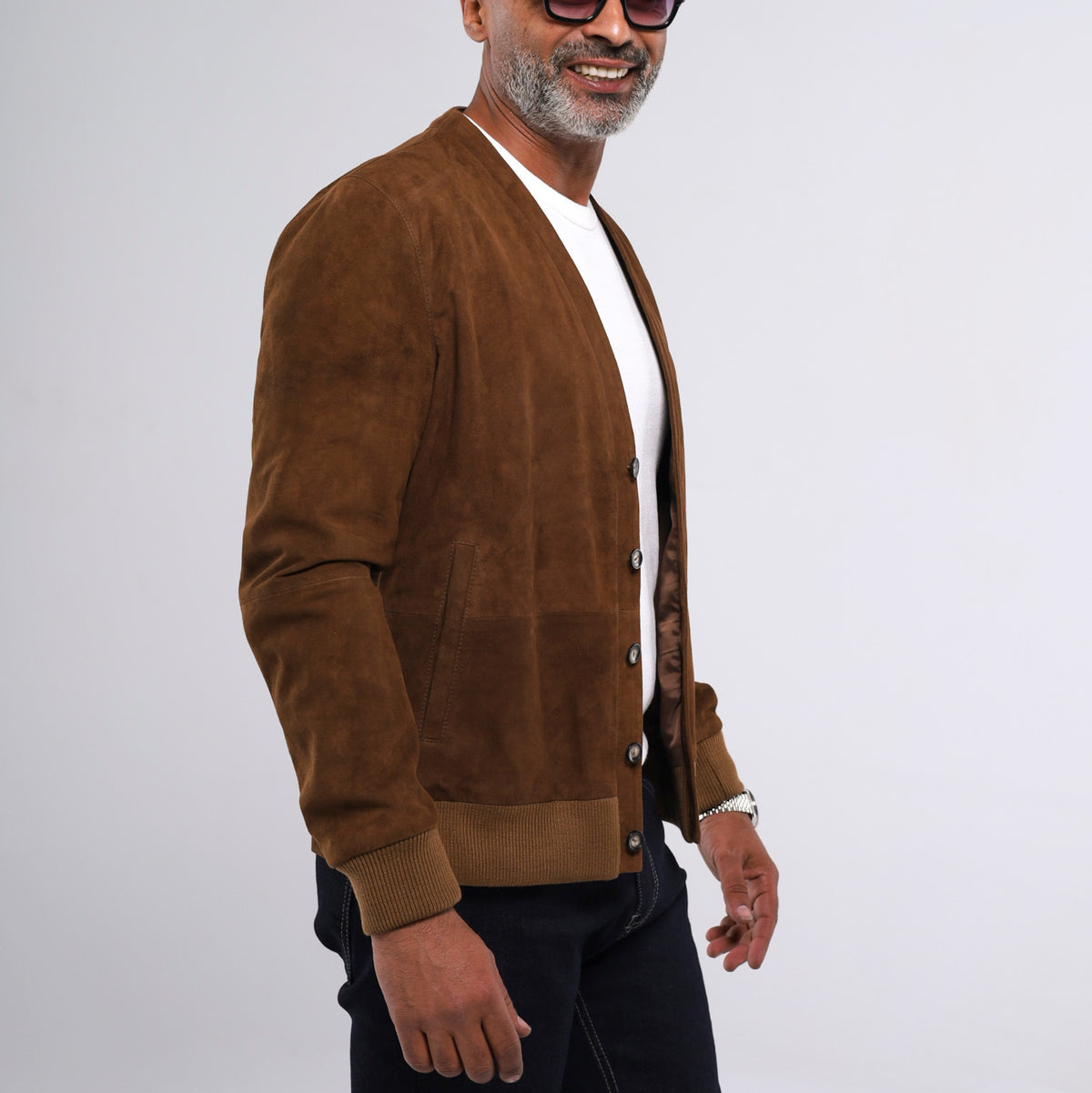 Men's cognac goat suede cardigan jacket with ribbed knit cuffs and hem