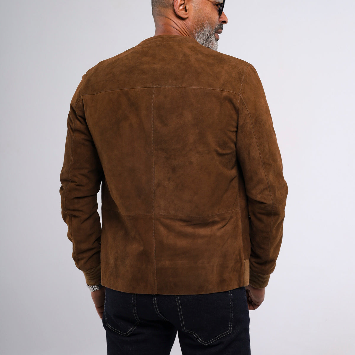Men's cognac goat suede cardigan jacket with ribbed knit cuffs and hem
