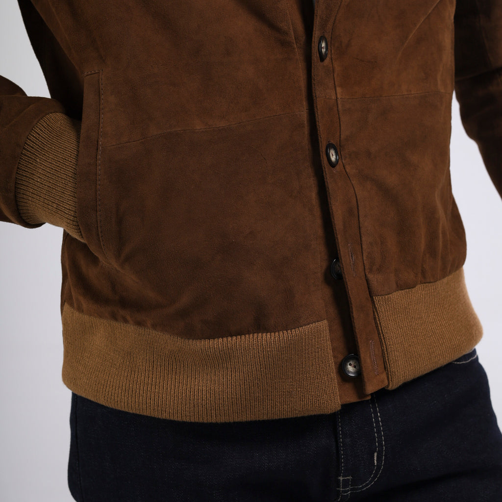 Men's cognac goat suede cardigan jacket with ribbed knit cuffs and hem