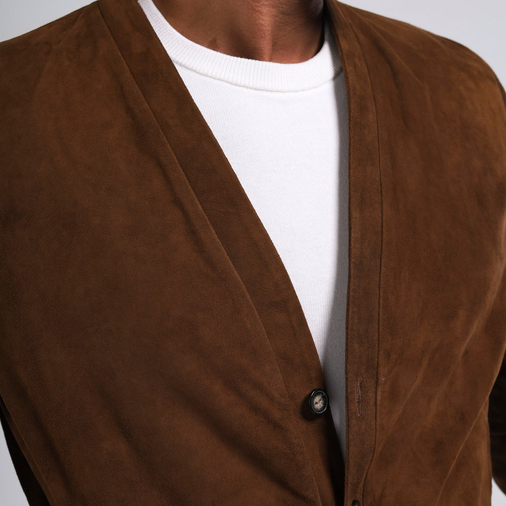 Men's cognac goat suede cardigan jacket with ribbed knit cuffs and hem