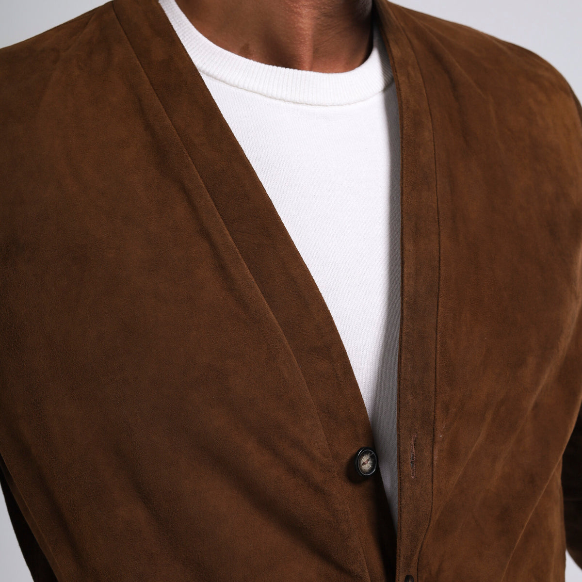 Men's cognac goat suede cardigan jacket with ribbed knit cuffs and hem