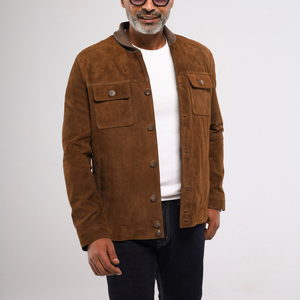 Marrakesh men's tan goat suede jacket with cardigan collar and chest pockets