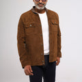 Marrakesh men's tan goat suede jacket with cardigan collar and chest pockets