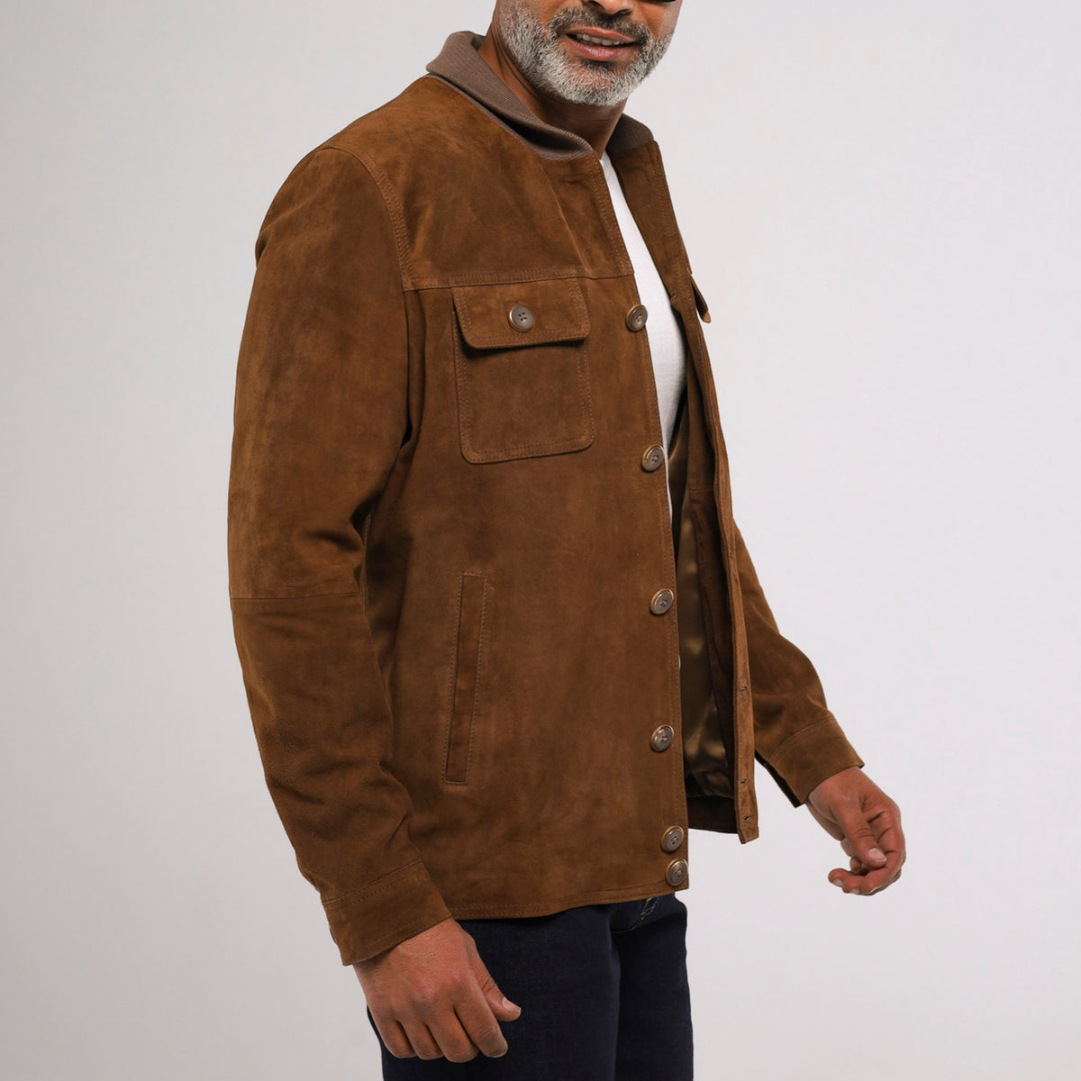 Marrakesh men's tan goat suede jacket with cardigan collar and chest pockets