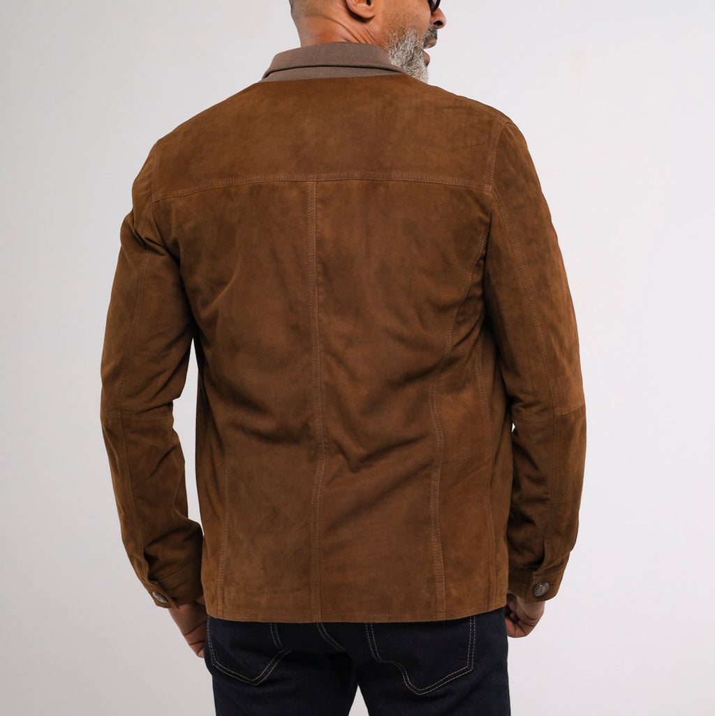 Marrakesh men's tan goat suede jacket with cardigan collar and chest pockets
