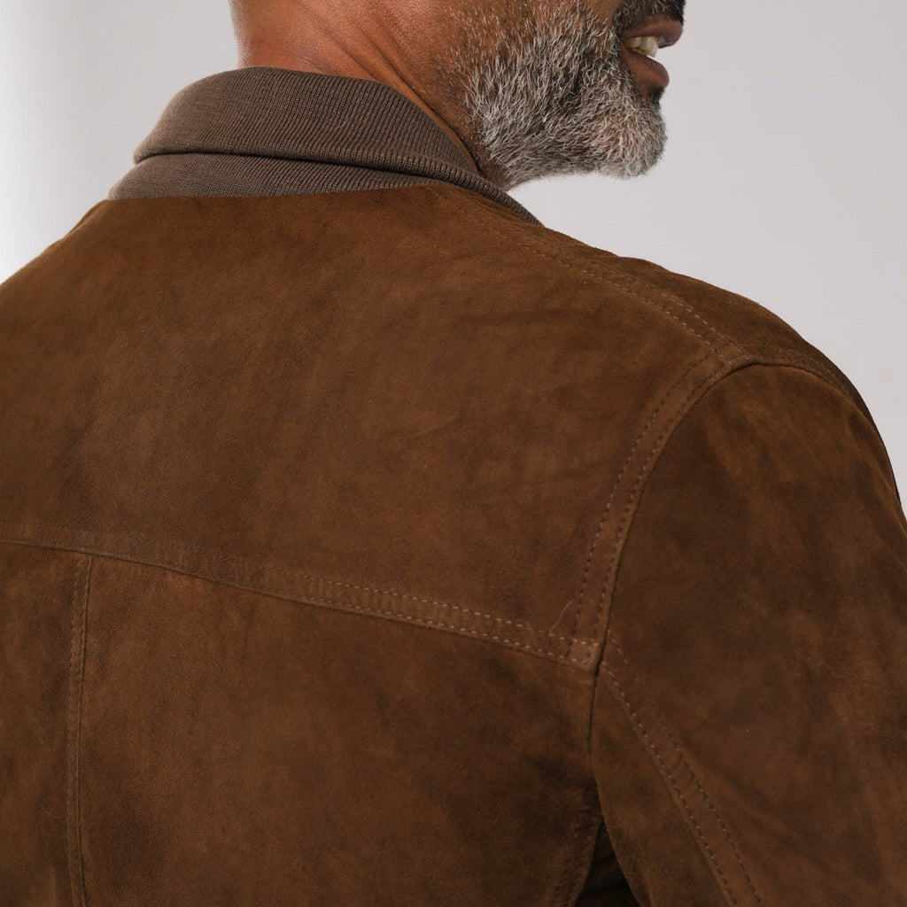 Marrakesh men's tan goat suede jacket with cardigan collar and chest pockets