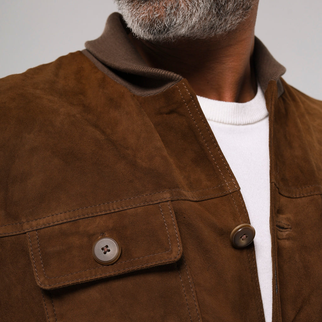 Marrakesh men's tan goat suede jacket with cardigan collar and chest pockets