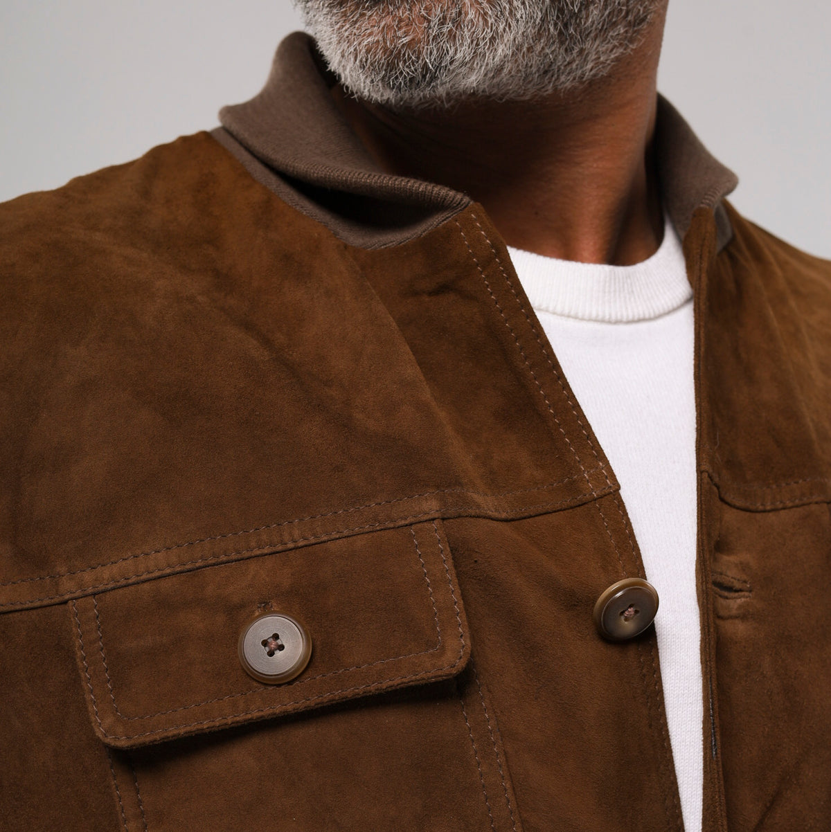 Marrakesh men's tan goat suede jacket with cardigan collar and chest pockets
