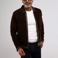 Men's dark brown goat suede zip jacket with smooth lambskin leather trim
