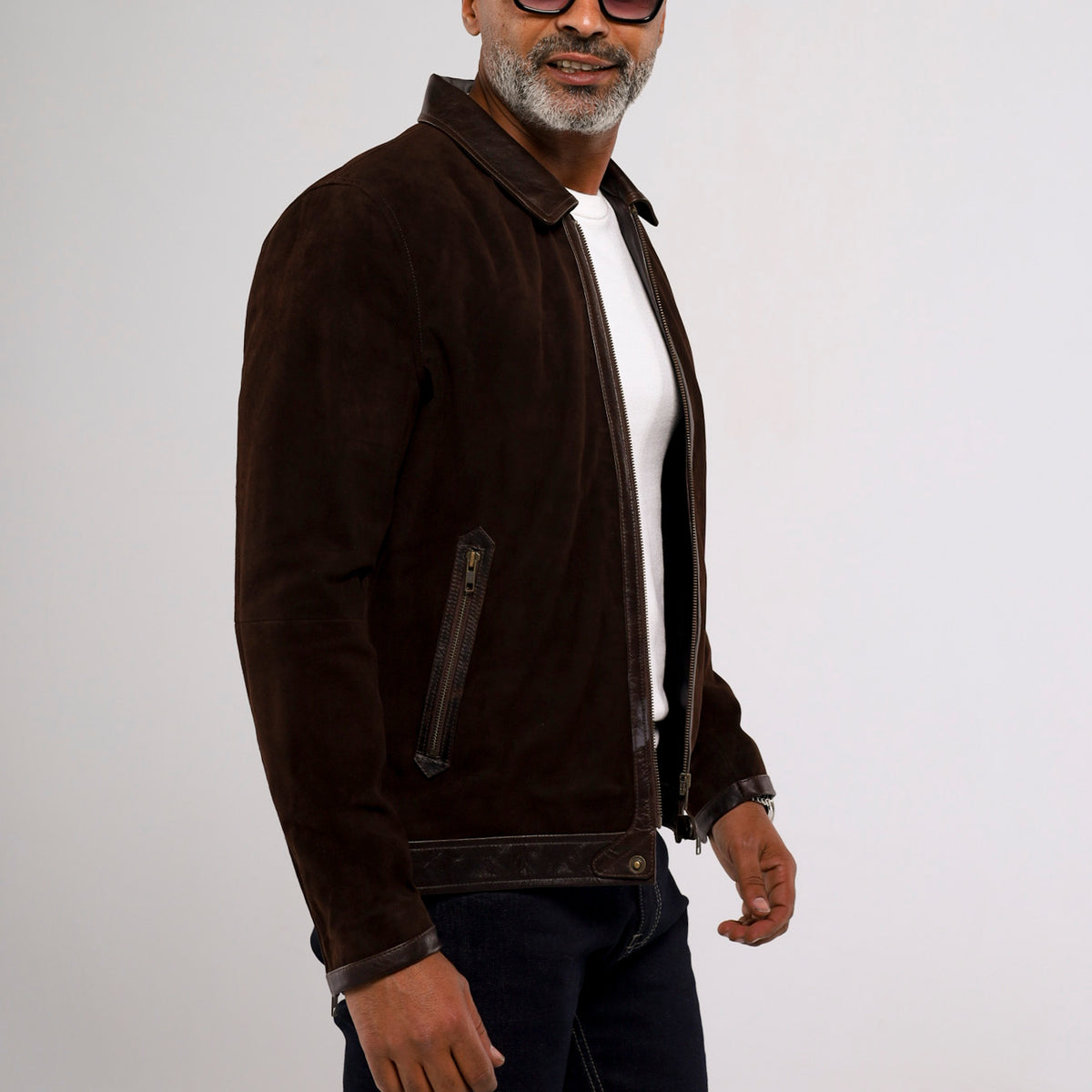 Men's dark brown goat suede zip jacket with smooth lambskin leather trim