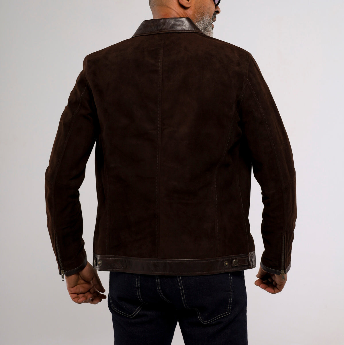 Men's dark brown goat suede zip jacket with smooth lambskin leather trim