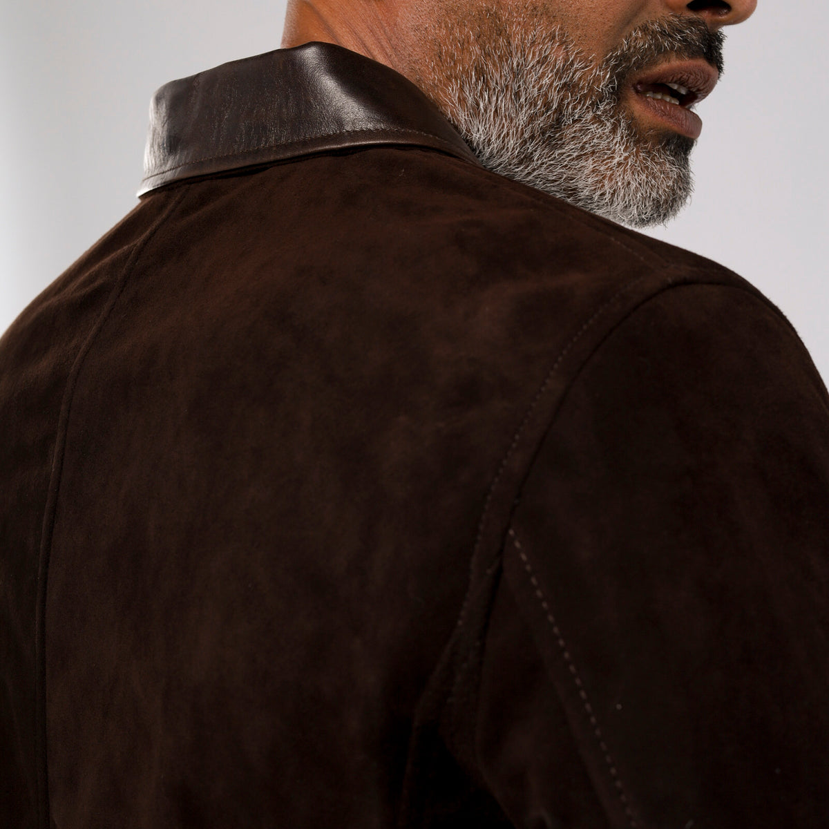 Men's dark brown goat suede zip jacket with smooth lambskin leather trim