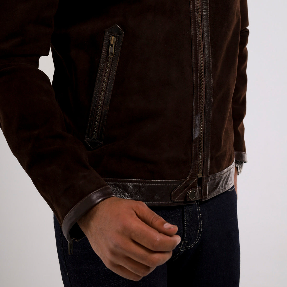 Men's dark brown goat suede zip jacket with smooth lambskin leather trim