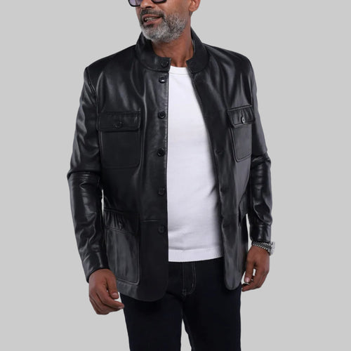 Men's black lambskin leather field jacket with 4 front button pockets and convertible stand collar