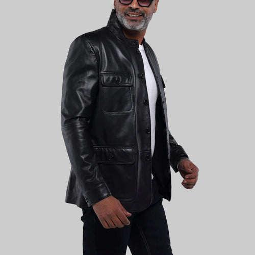 Men's black lambskin leather field jacket with 4 front button pockets and convertible stand collar