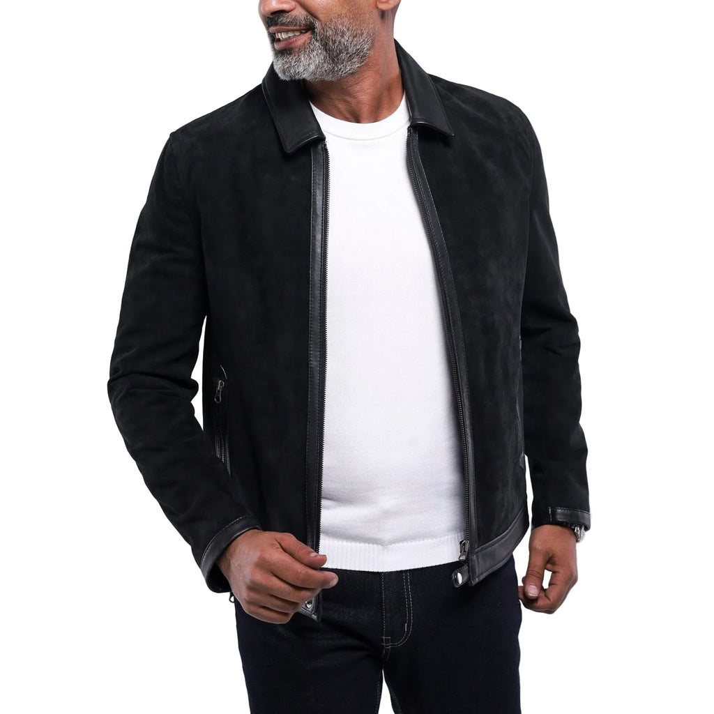 Men's black goat suede jacket with black lambskin trim collar and hem