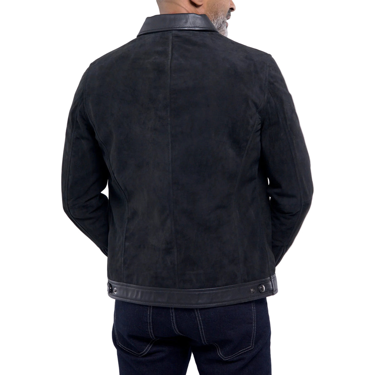 Men's black goat suede jacket with black lambskin trim collar and hem