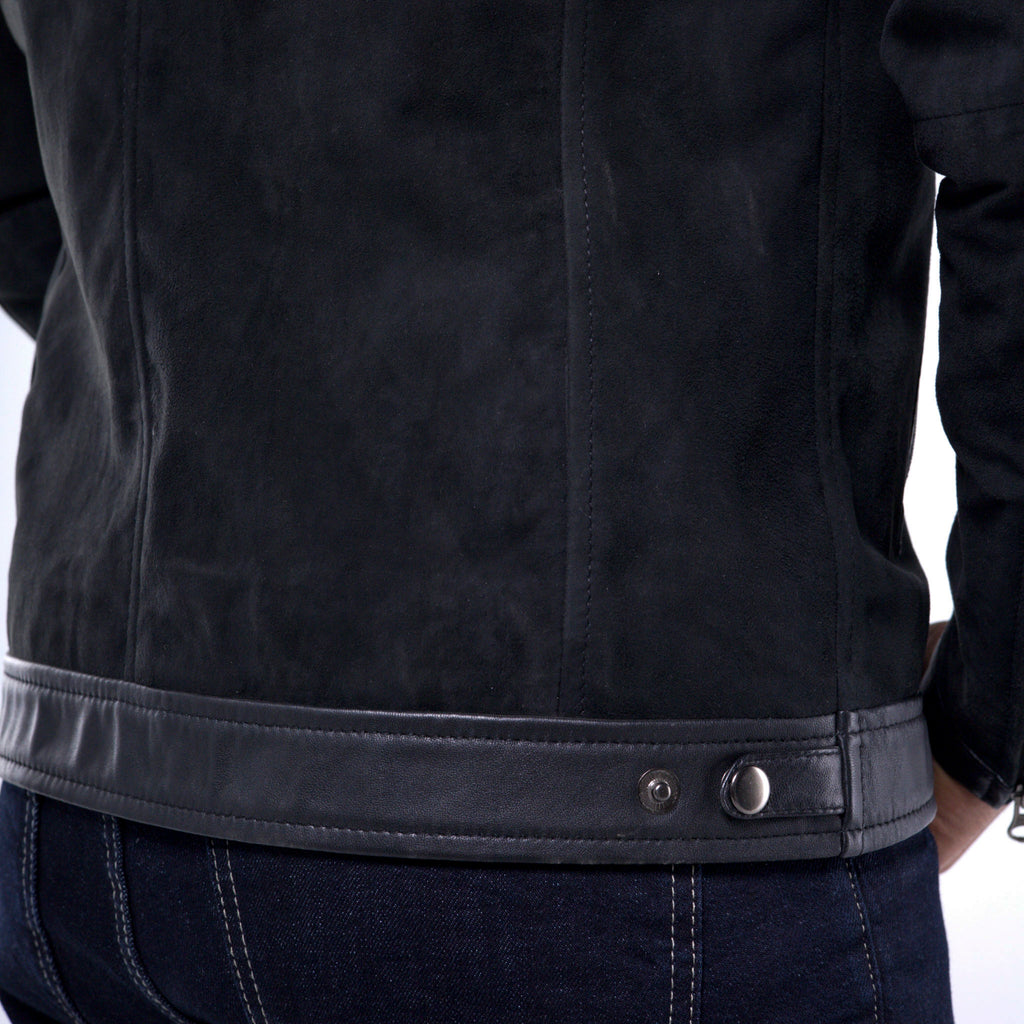 Men's black goat suede jacket with black lambskin trim collar and hem