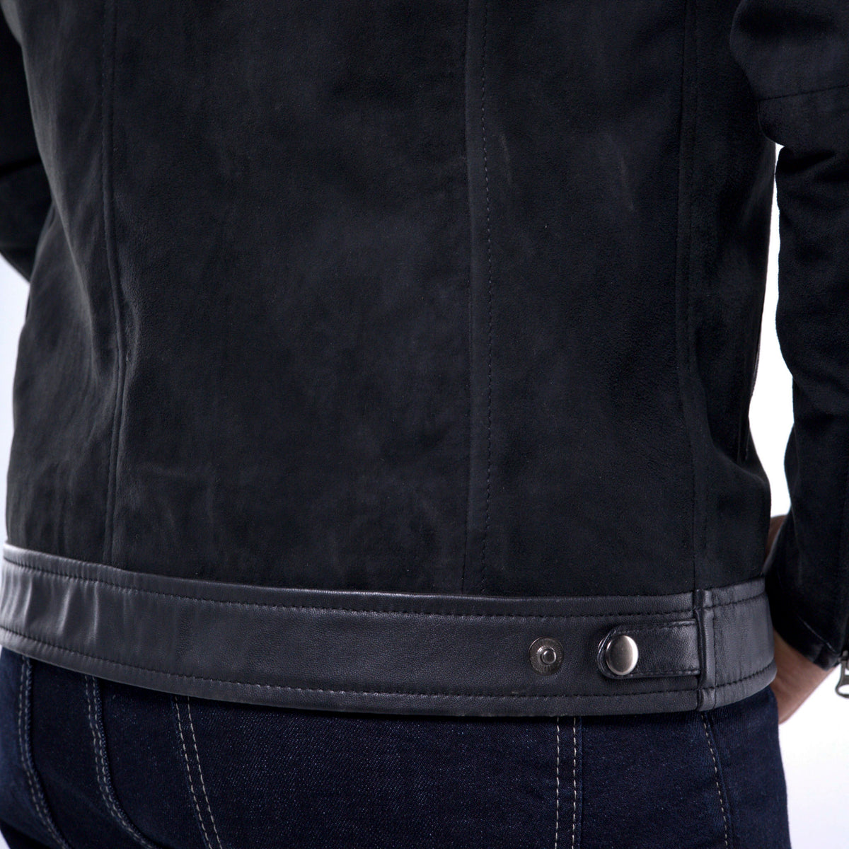 Men's black goat suede jacket with black lambskin trim collar and hem