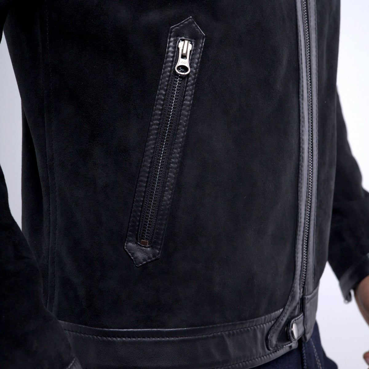 Men's black goat suede jacket with black lambskin trim collar and hem