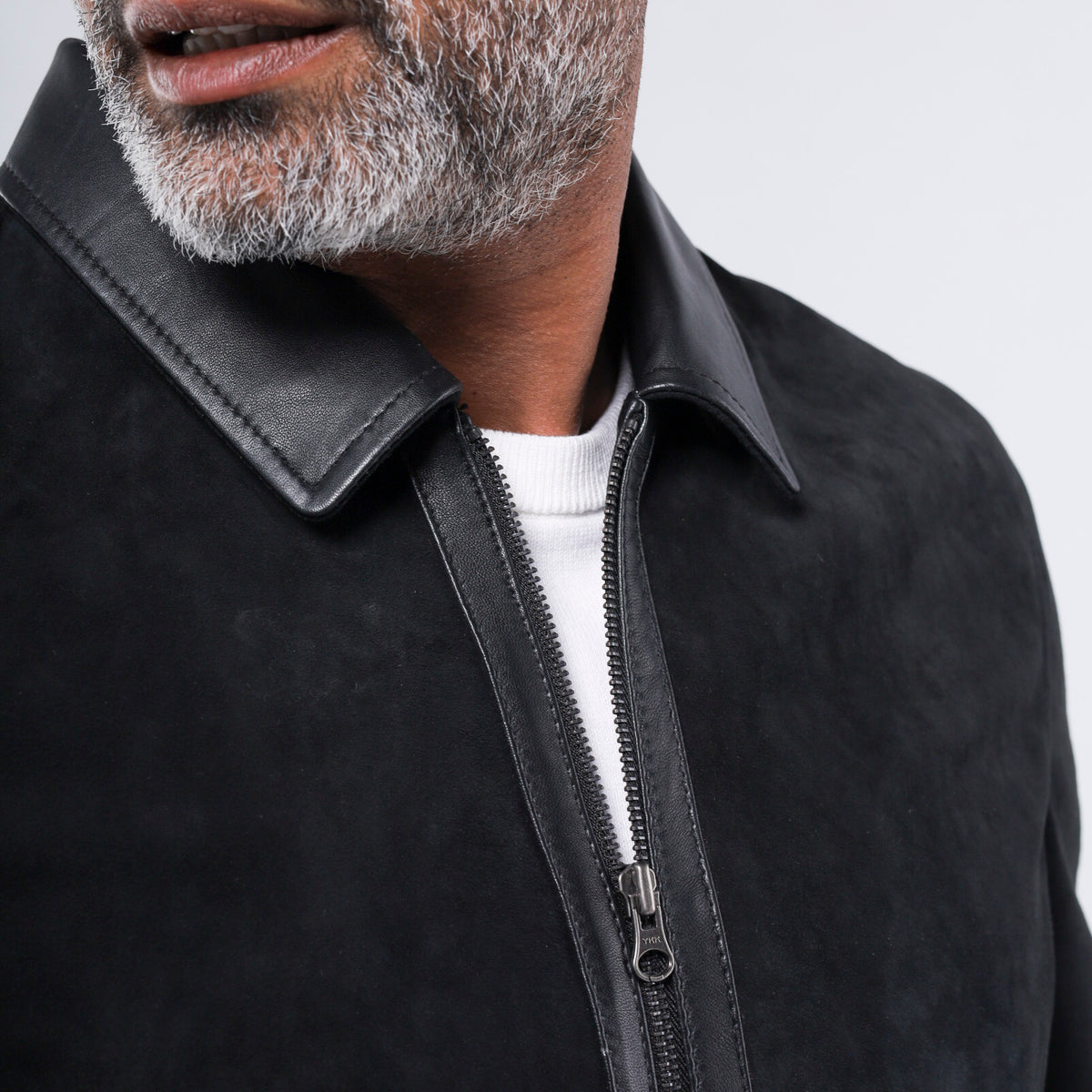Men's black goat suede jacket with black lambskin trim collar and hem